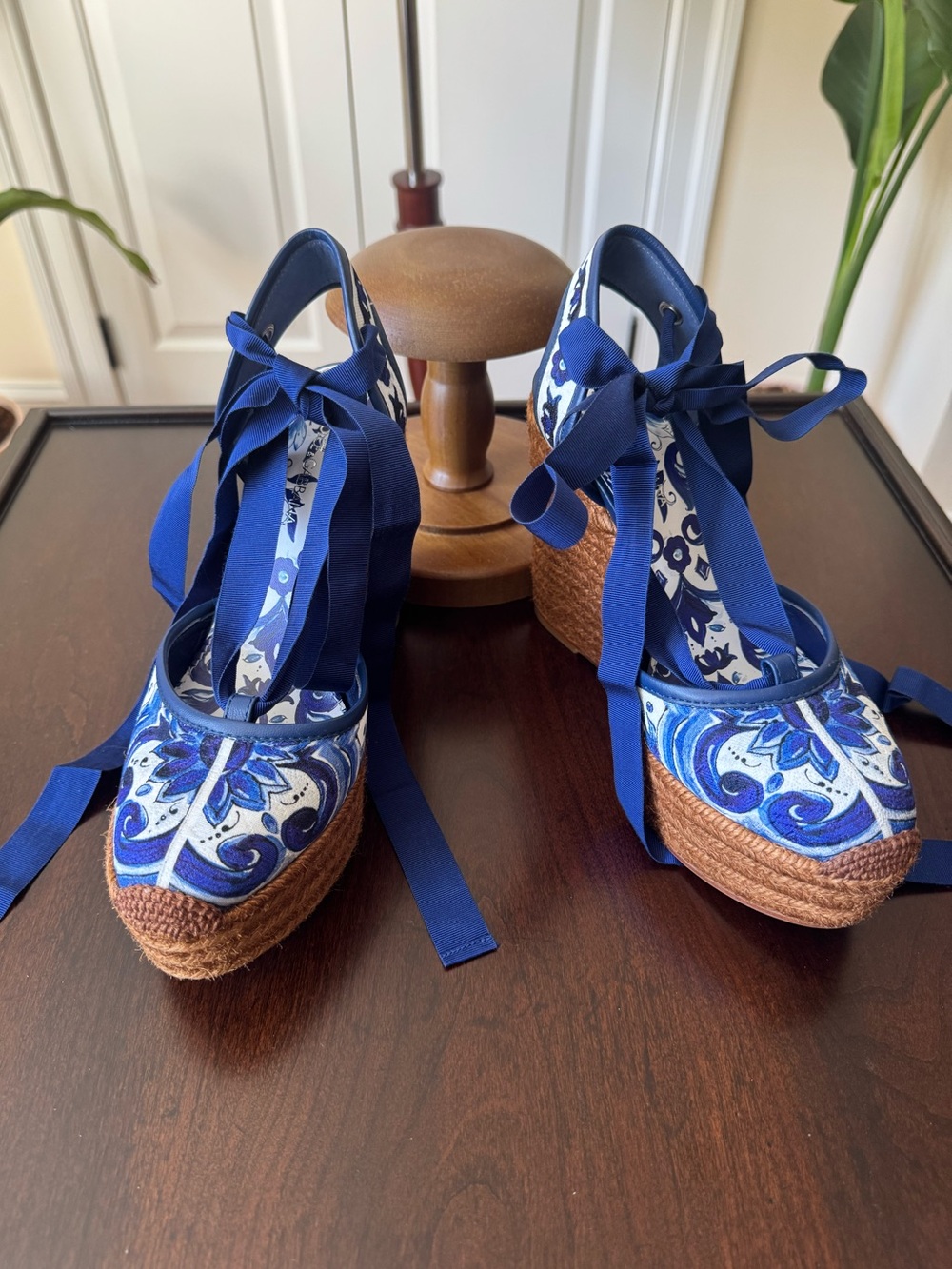 Dolce & Gabbana Blue Printed Espadrille Wedges with Ribbon Ankle Ties